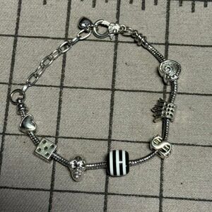 Charm Bracelet | Skull, Dice, Crown, Heart Silver Tone Goth